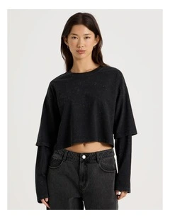 Acid Wash Double Layer Sleeve Tee in Black