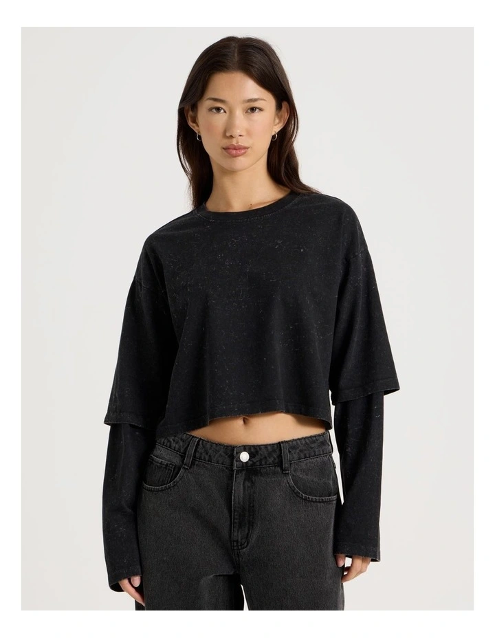 Acid Wash Double Layer Sleeve Tee in Black image 1