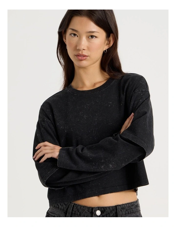 Acid Wash Double Layer Sleeve Tee in Black image 4
