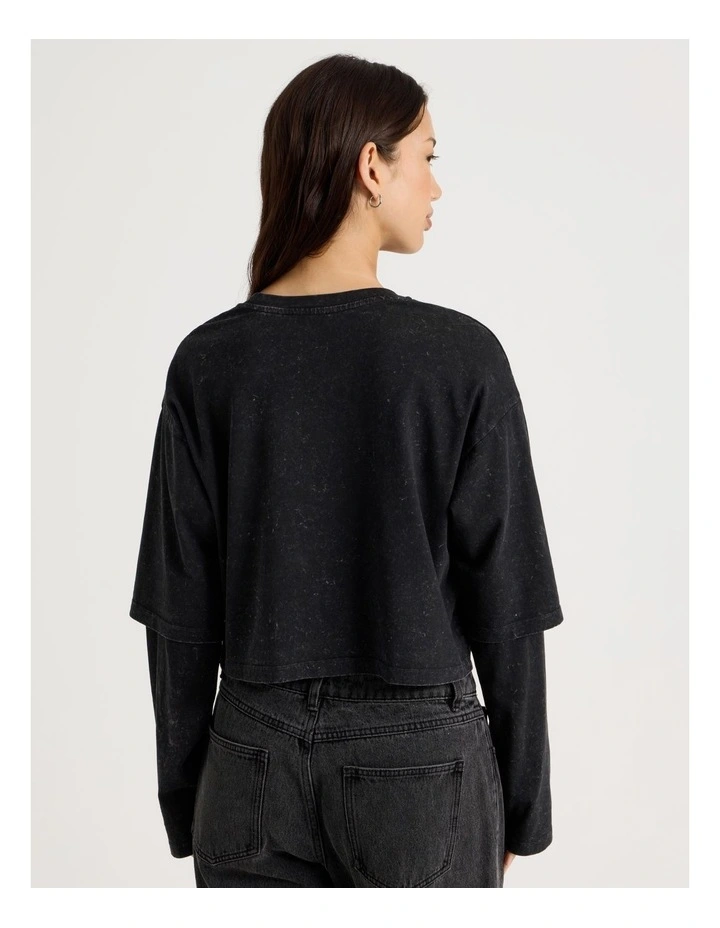 Acid Wash Double Layer Sleeve Tee in Black image 6
