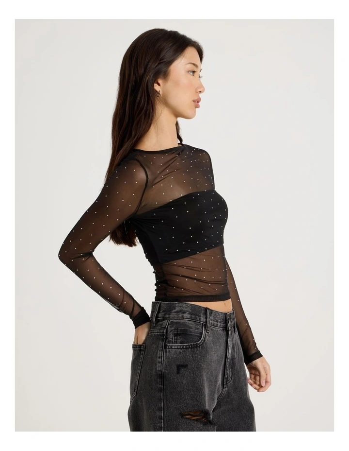 Diamonte Long Sleeve Mesh Top in Jet Black image 1