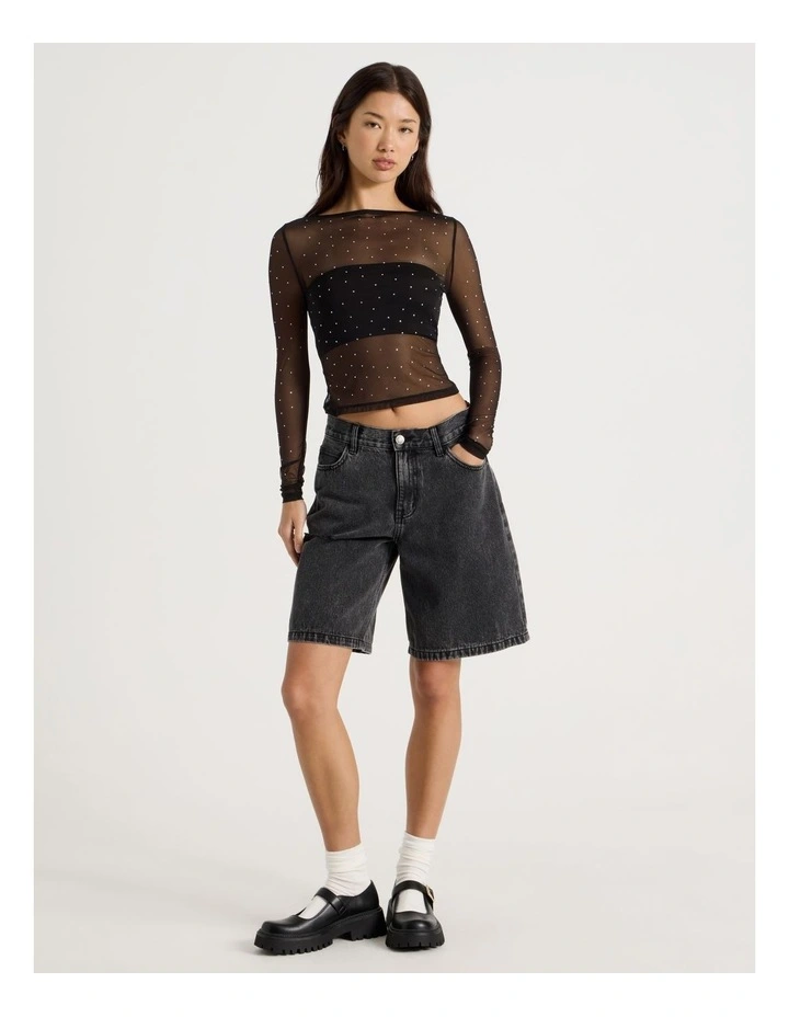 Diamonte Long Sleeve Mesh Top in Jet Black image 2