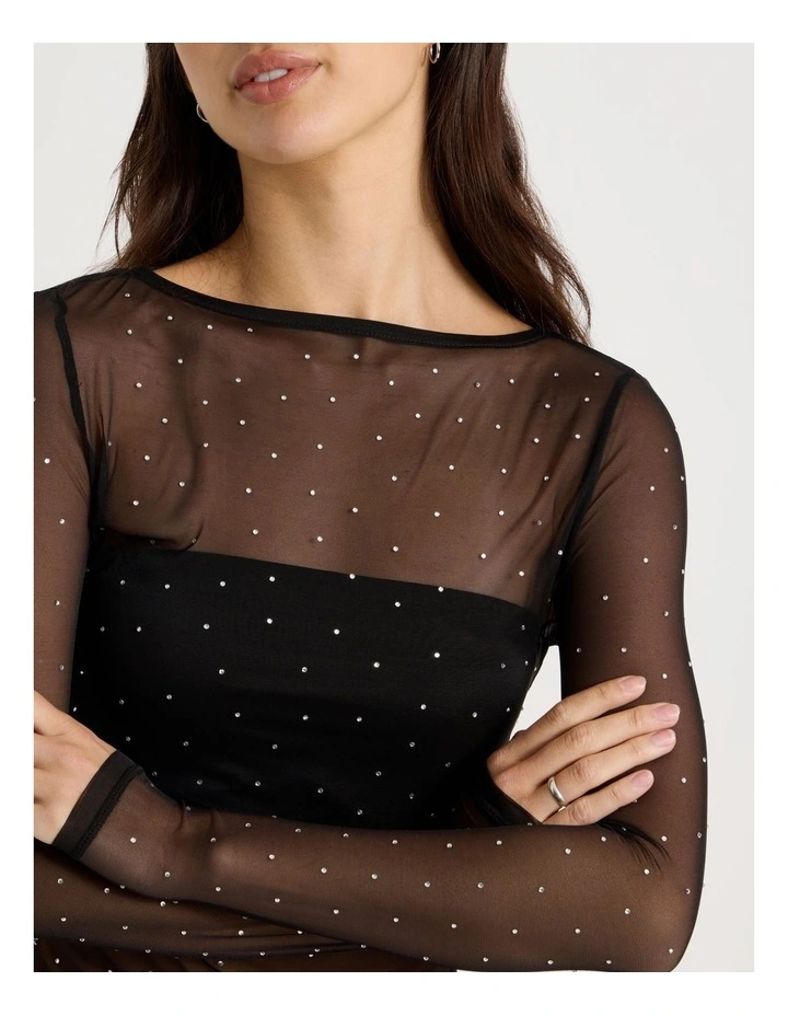 Diamonte Long Sleeve Mesh Top in Jet Black image 3
