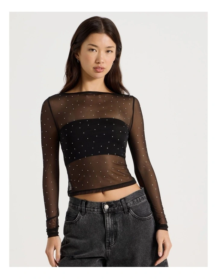 Diamonte Long Sleeve Mesh Top in Jet Black image 4
