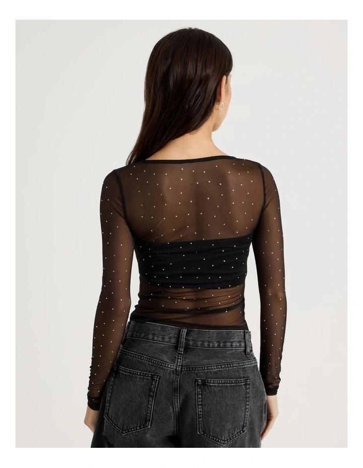 Diamonte Long Sleeve Mesh Top in Jet Black image 5