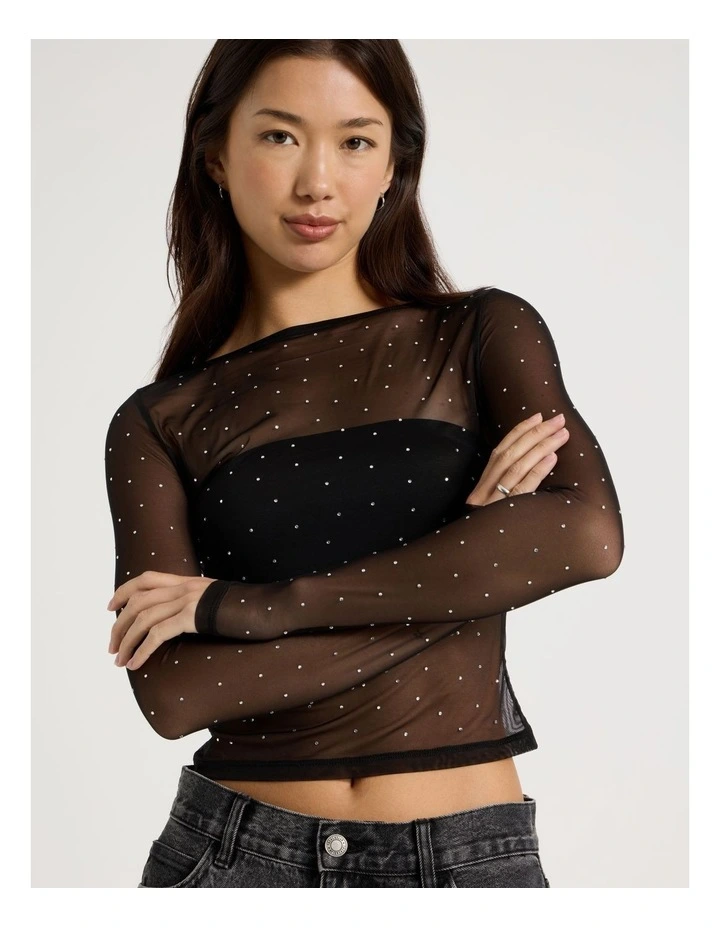 Diamonte Long Sleeve Mesh Top in Jet Black image 7