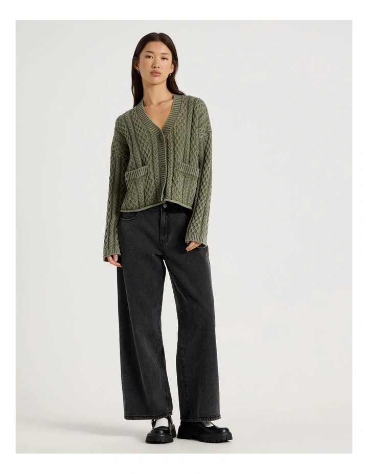 Stone Wash Cropped Boxy Cardigan in Olive Night image 2