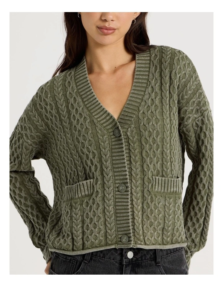 Stone Wash Cropped Boxy Cardigan in Olive Night image 3