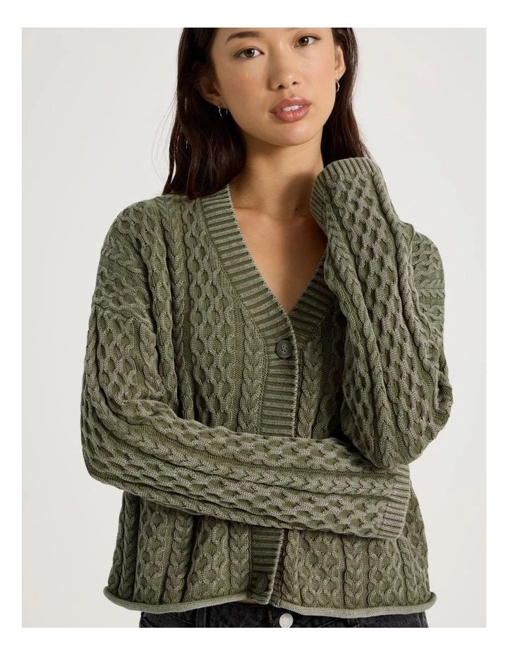Stone Wash Cropped Boxy Cardigan in Olive Night image 4