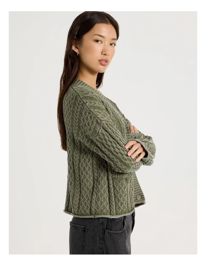 Stone Wash Cropped Boxy Cardigan in Olive Night image 5