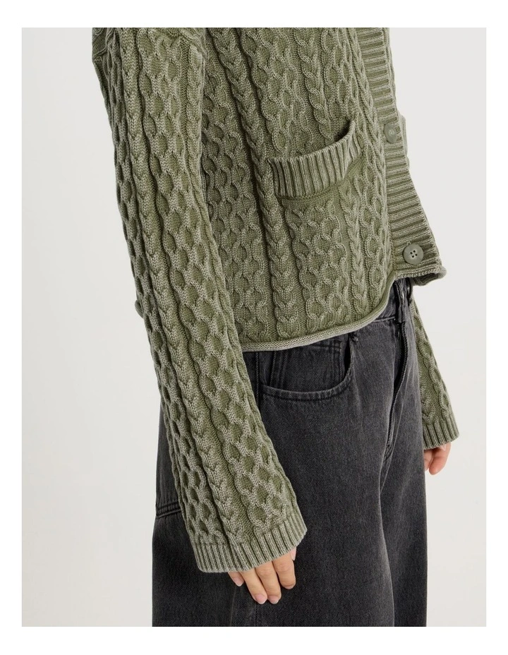 Stone Wash Cropped Boxy Cardigan in Olive Night image 7