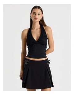 Jersey Lace Trim Halter Top in Jet Black