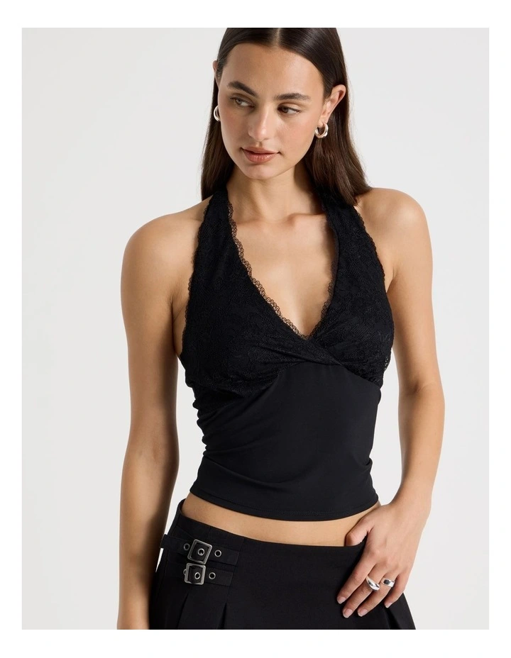 Jersey Lace Trim Halter Top in Jet Black image 3
