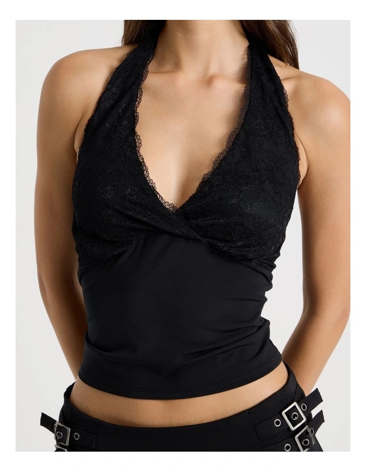 Jersey Lace Trim Halter Top in Jet Black image 4