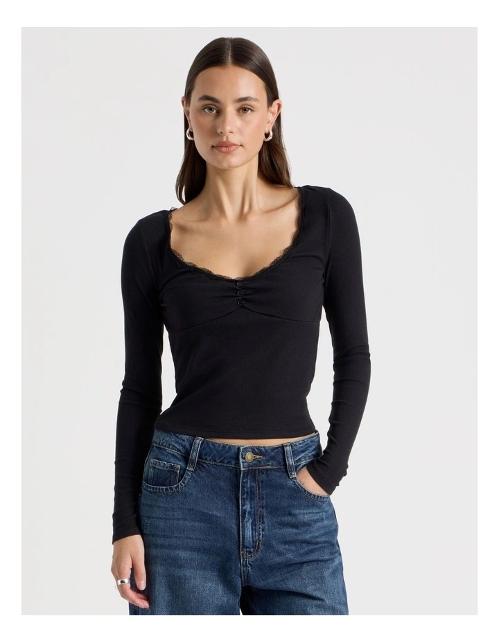 Long Sleeve Lace Trim Tee in Jet Black image 4
