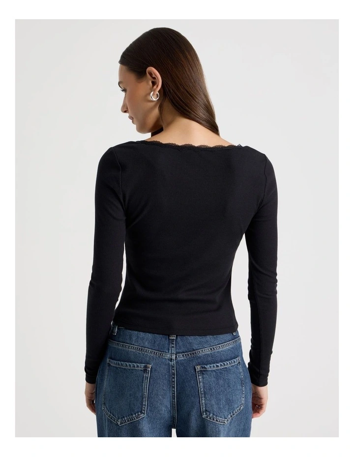 Long Sleeve Lace Trim Tee in Jet Black image 5