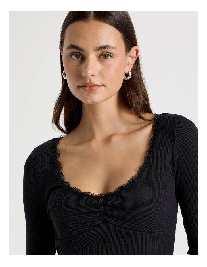 Long Sleeve Lace Trim Tee in Jet Black image 6