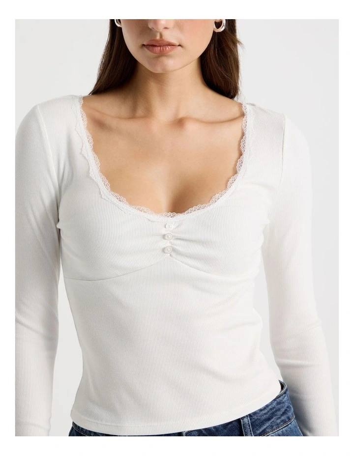 Long Sleeve Lace Trim Tee in Snow White image 2