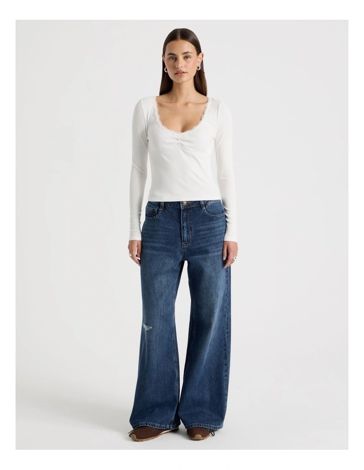 Long Sleeve Lace Trim Tee in Snow White image 3