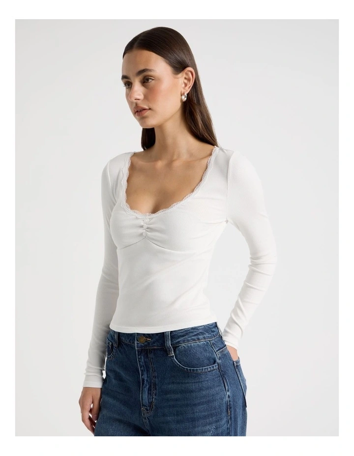 Long Sleeve Lace Trim Tee in Snow White image 4