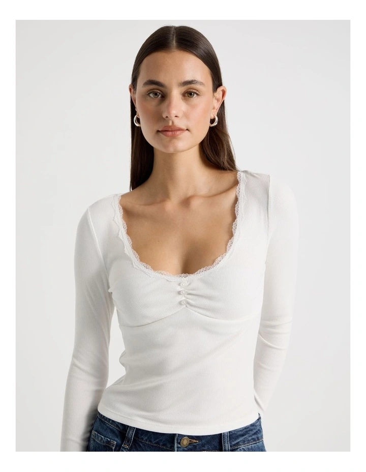 Long Sleeve Lace Trim Tee in Snow White image 5
