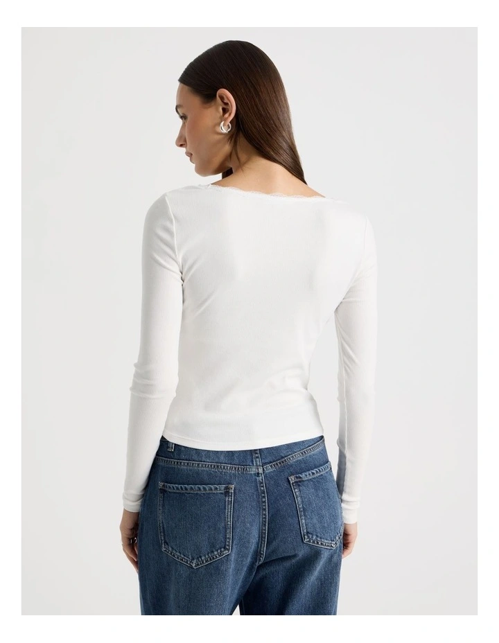 Long Sleeve Lace Trim Tee in Snow White image 6