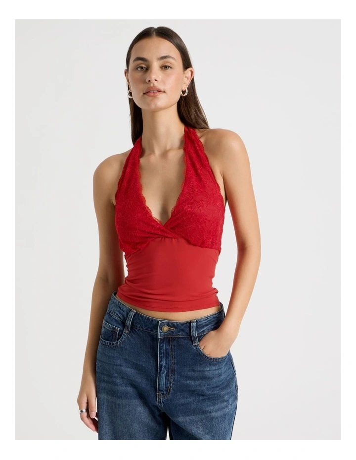 Jersey Lace Trim Halter Top in American Beauty image 1