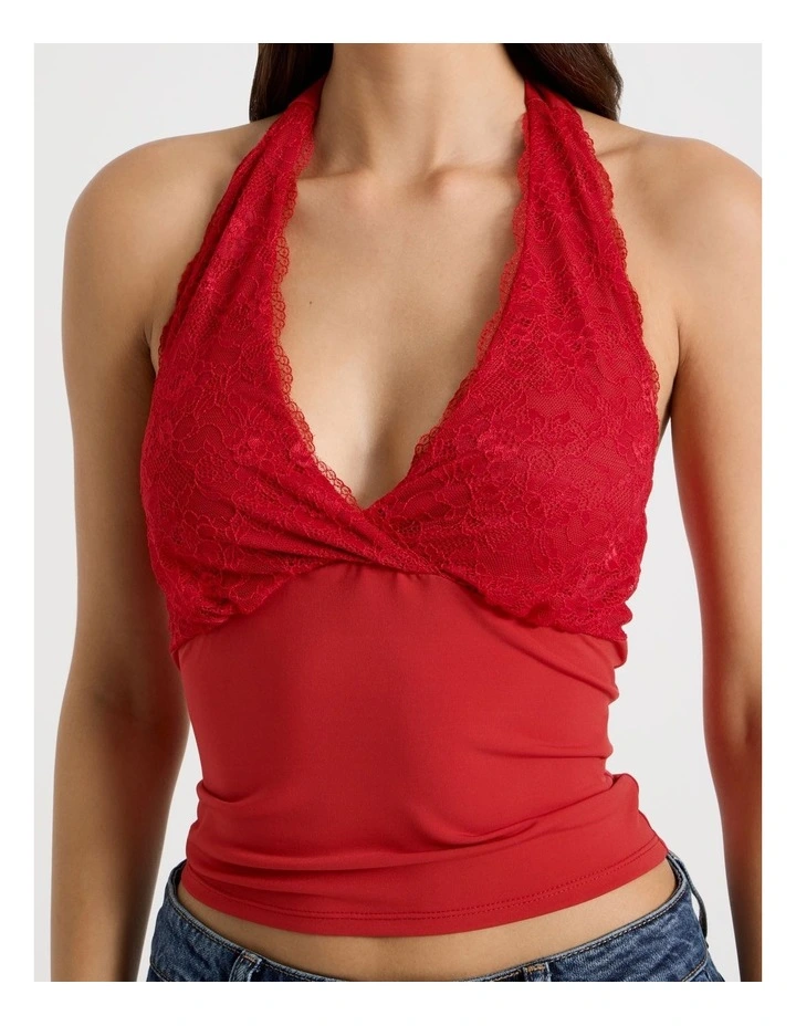 Jersey Lace Trim Halter Top in American Beauty image 2