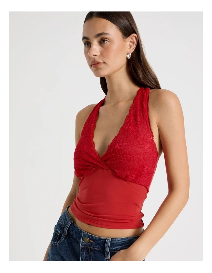 Jersey Lace Trim Halter Top in American Beauty image 4