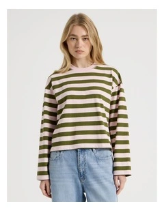 Long Sleeve Tee in Potpourri Pink and Moss Stripe