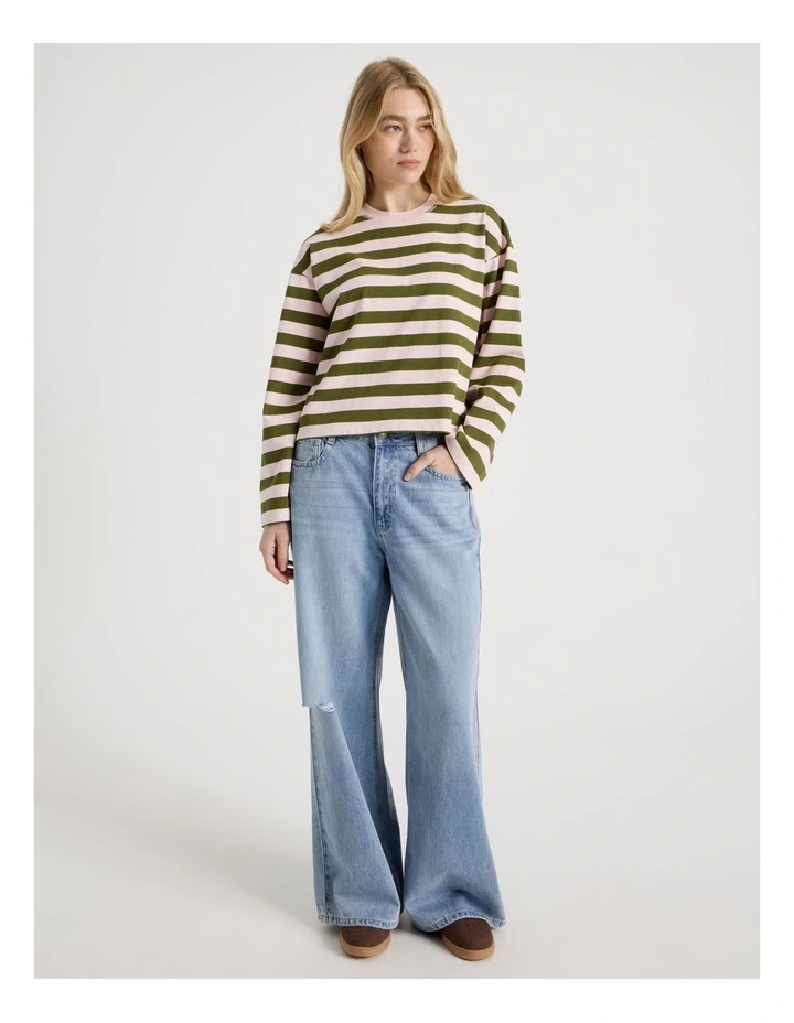 Long Sleeve Tee in Potpourri Pink and Moss Stripe image 2