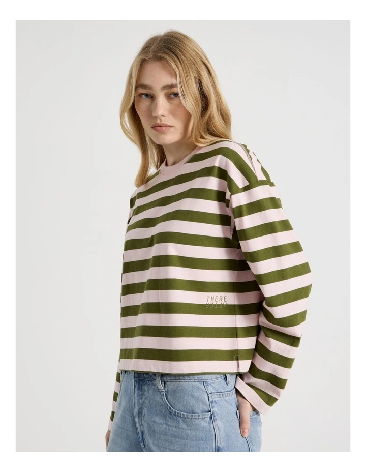 Long Sleeve Tee in Potpourri Pink and Moss Stripe image 3