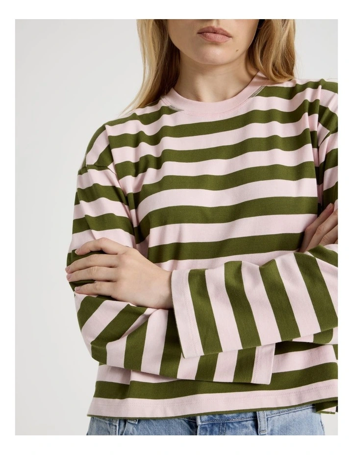 Long Sleeve Tee in Potpourri Pink and Moss Stripe image 4