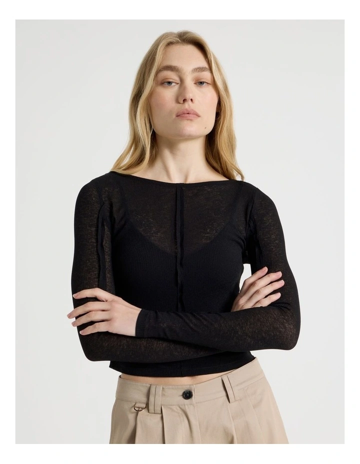 Double Layer Sheer Long Sleeve Tee in Jet Black image 3