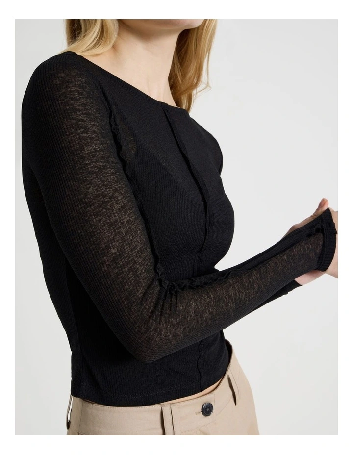 Double Layer Sheer Long Sleeve Tee in Jet Black image 4