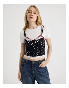 Triple Layered Tee in White, Red Check, and Black and White Spot