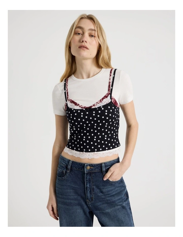 Triple Layered Tee in White, Red Check, and Black and White Spot image 1
