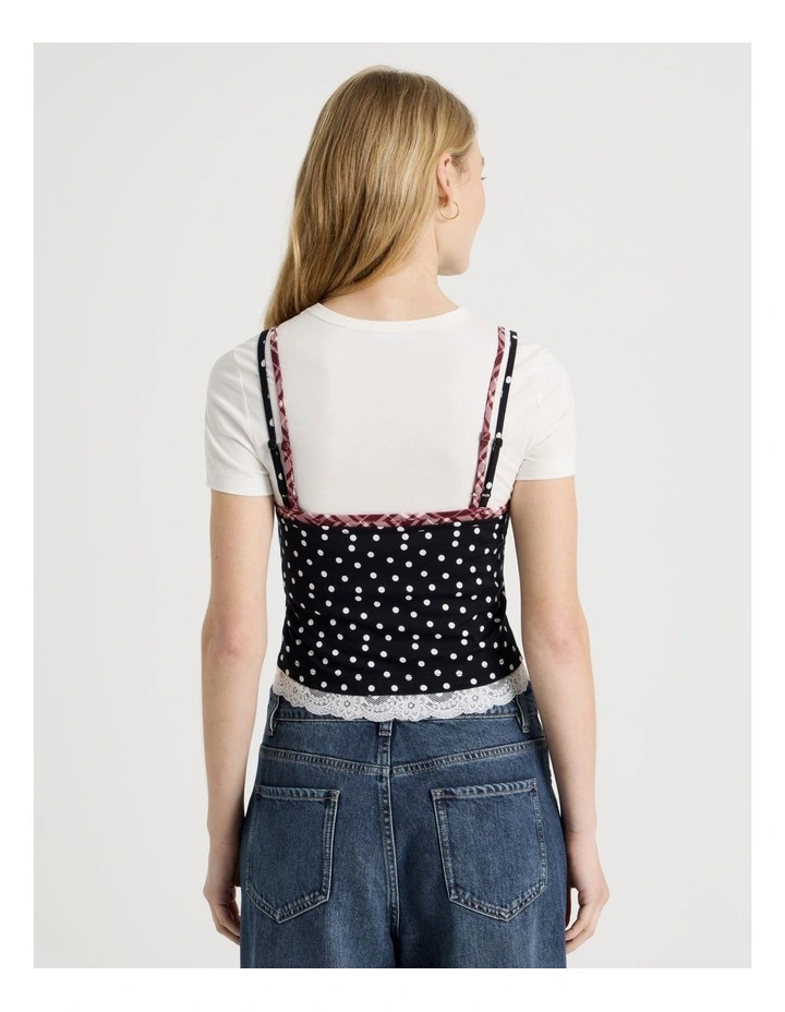Triple Layered Tee in White, Red Check, and Black and White Spot image 5