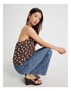 Sleeveless Halter Top in Brown and Pink Spot