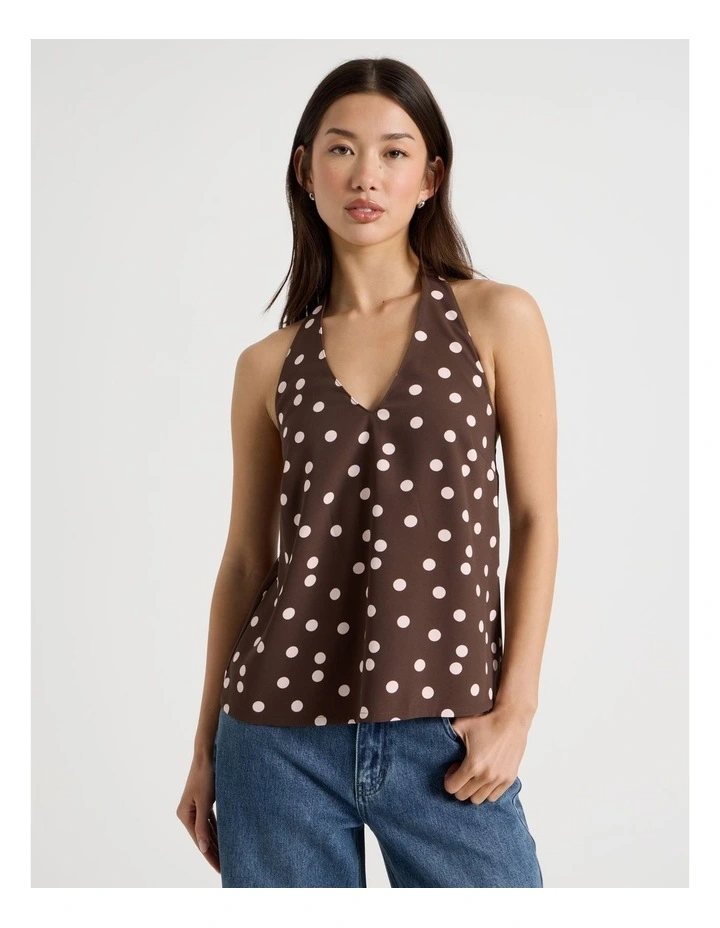 Sleeveless Halter Top in Brown and Pink Spot image 2