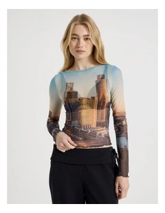 Mesh Long Sleeve Tee in City Print