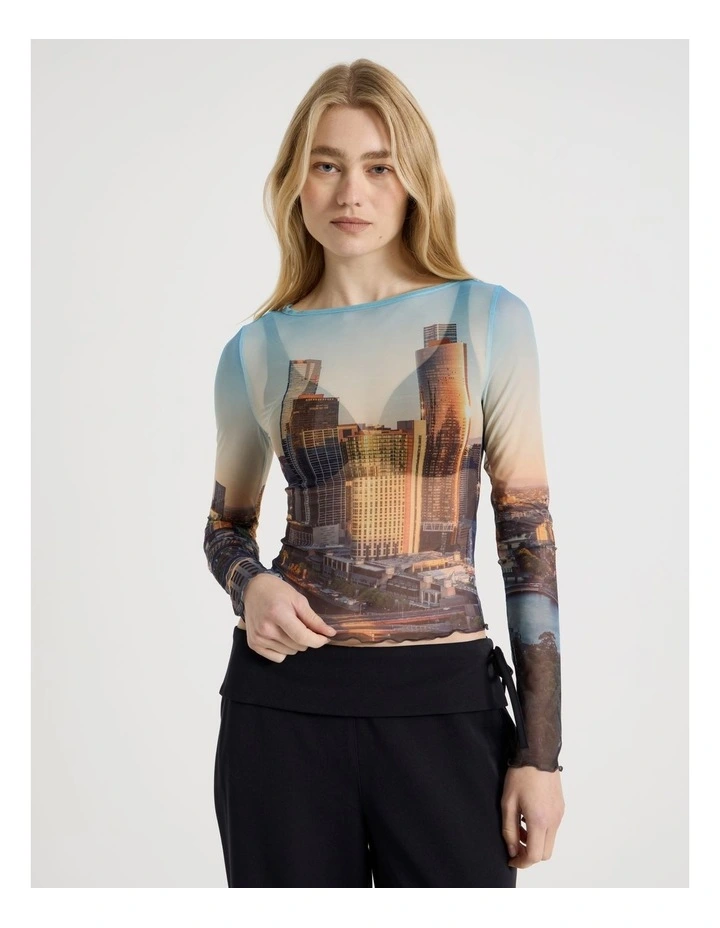 Mesh Long Sleeve Tee in City Print image 1