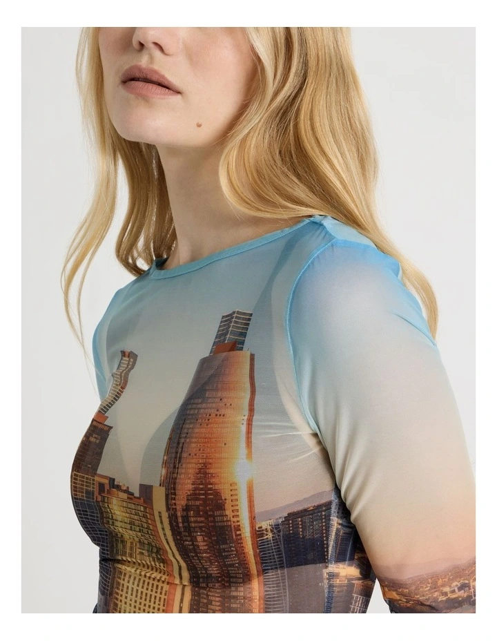 Mesh Long Sleeve Tee in City Print image 4