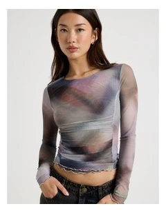 Long Sleeve Mesh Top in Check Print