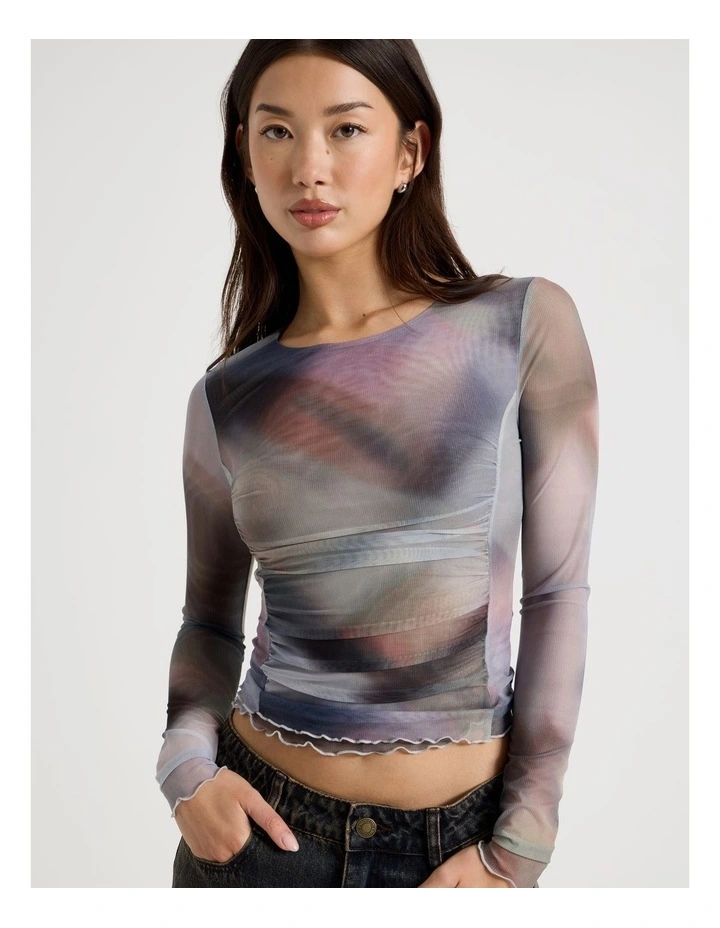 Long Sleeve Mesh Top in Check Print image 1