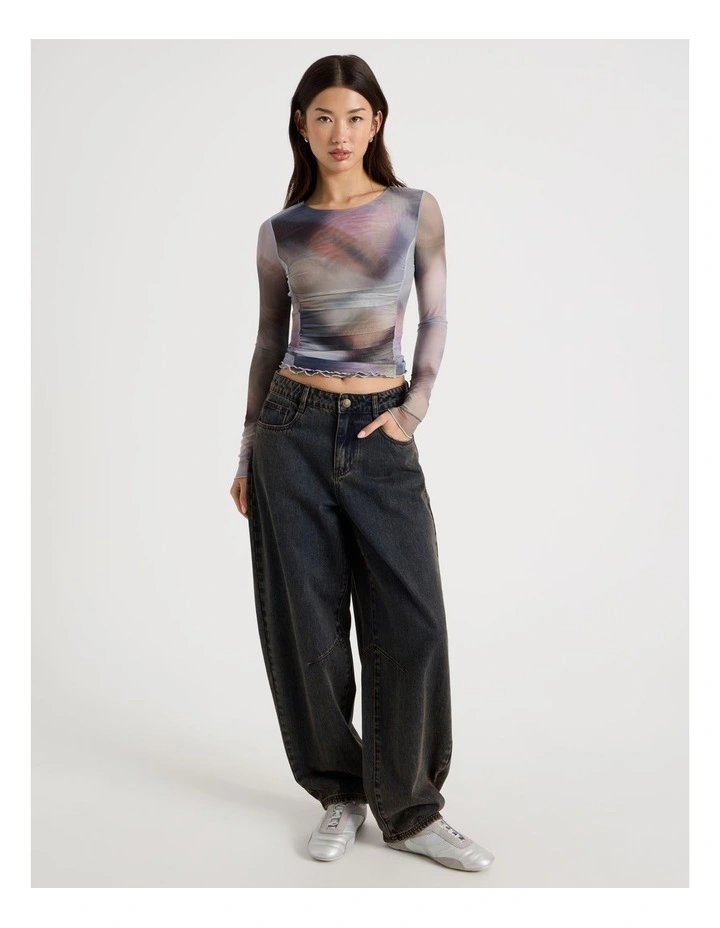 Long Sleeve Mesh Top in Check Print image 2
