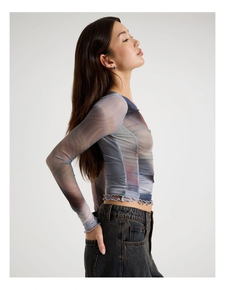 Long Sleeve Mesh Top in Check Print image 3