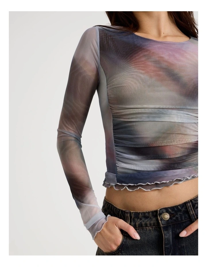 Long Sleeve Mesh Top in Check Print image 4