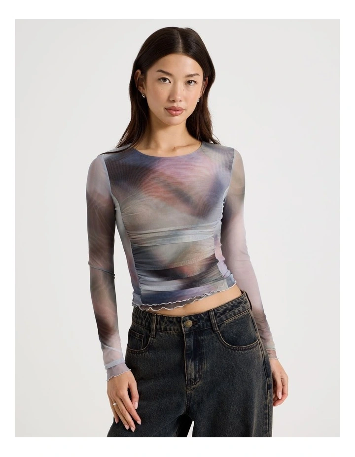 Long Sleeve Mesh Top in Check Print image 5