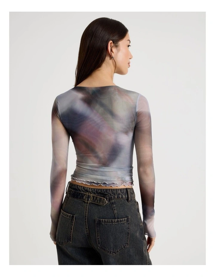 Long Sleeve Mesh Top in Check Print image 6
